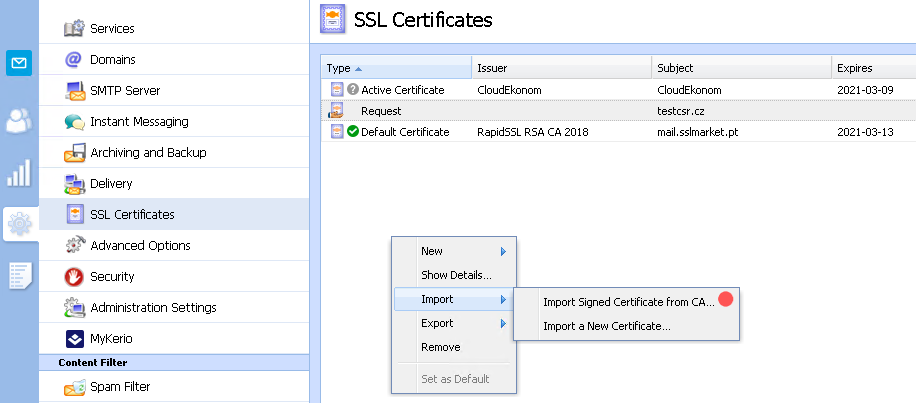 kerio connect ssl certificate server type